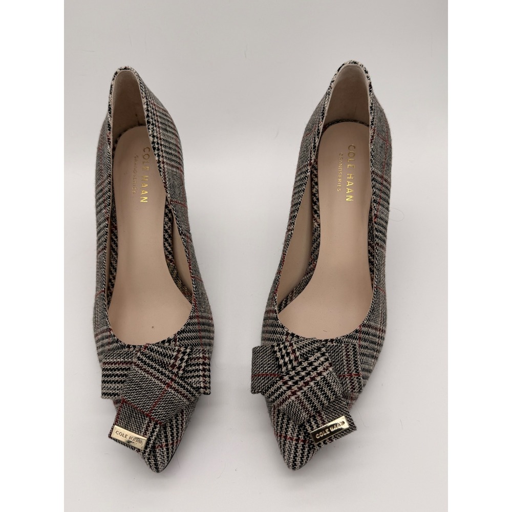 Cole Haan Grandseries Plaid Bow Pumps‎ Pointed Toe Heels Gray Red W24724 6.5B